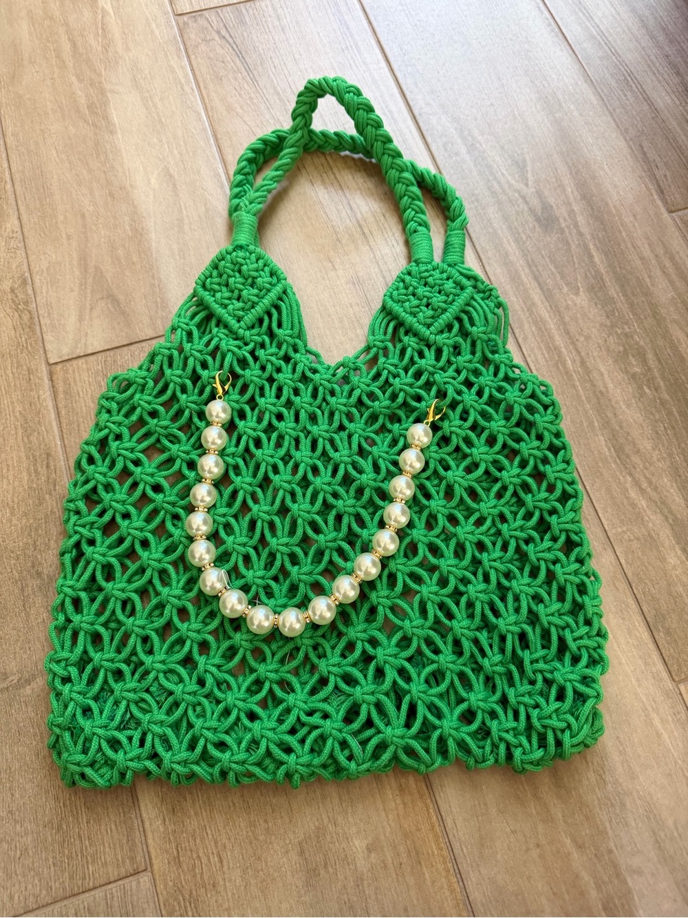 SHEIN Green Macramé Pearl-Handle Satchel